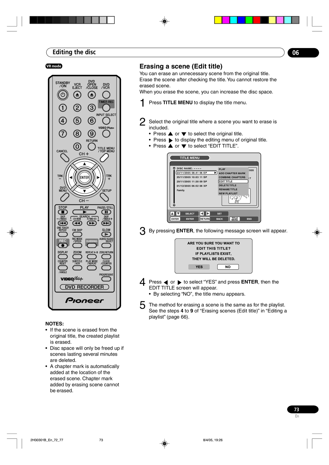 Pioneer DVR-RT501-S operating instructions Erasing a scene Edit title 