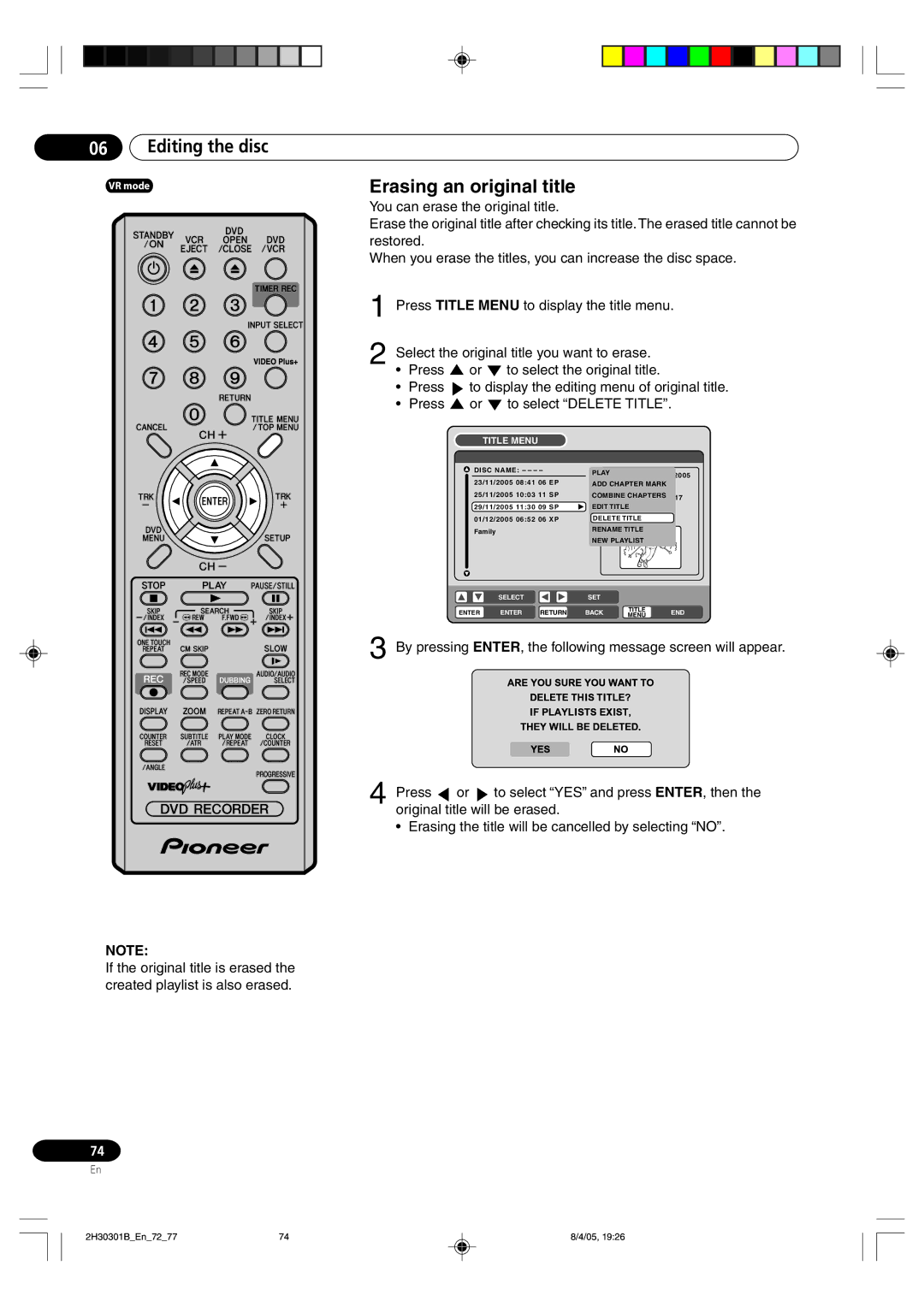 Pioneer DVR-RT501-S operating instructions Erasing an original title 