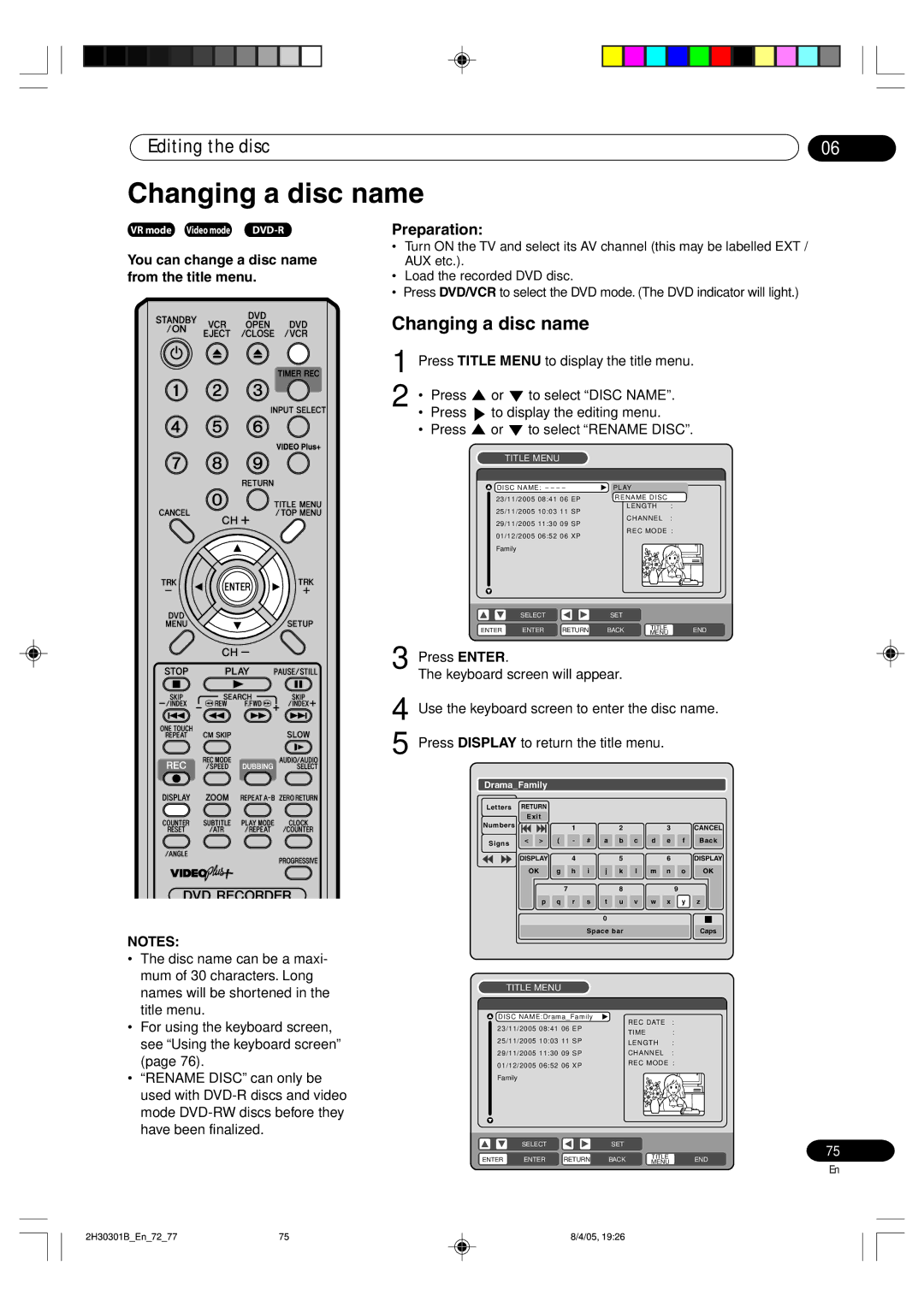 Pioneer DVR-RT501-S operating instructions Changing a disc name, You can change a disc name from the title menu 