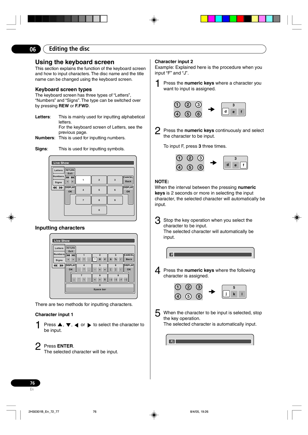 Pioneer DVR-RT501-S Editing the disc Using the keyboard screen, Keyboard screen types, Inputting characters 