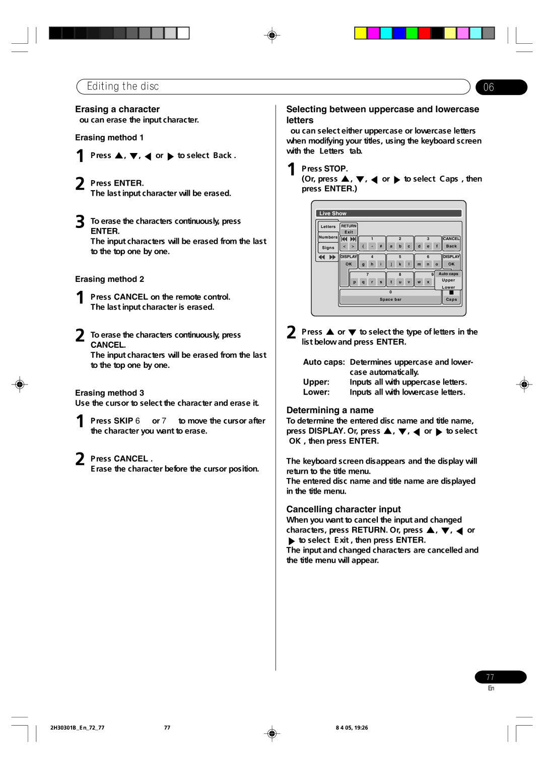 Pioneer DVR-RT501-S Erasing a character, Selecting between uppercase and lowercase letters, Determining a name, Cancel 