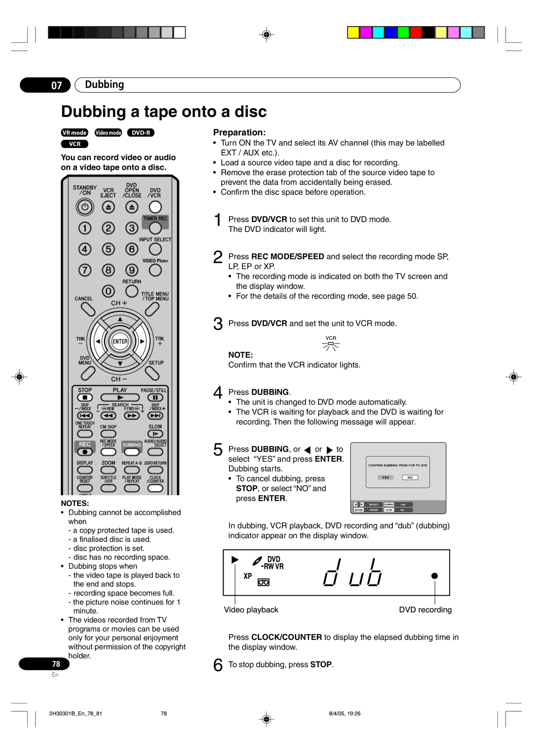 Pioneer DVR-RT501-S Dubbing a tape onto a disc, You can record video or audio on a video tape onto a disc 