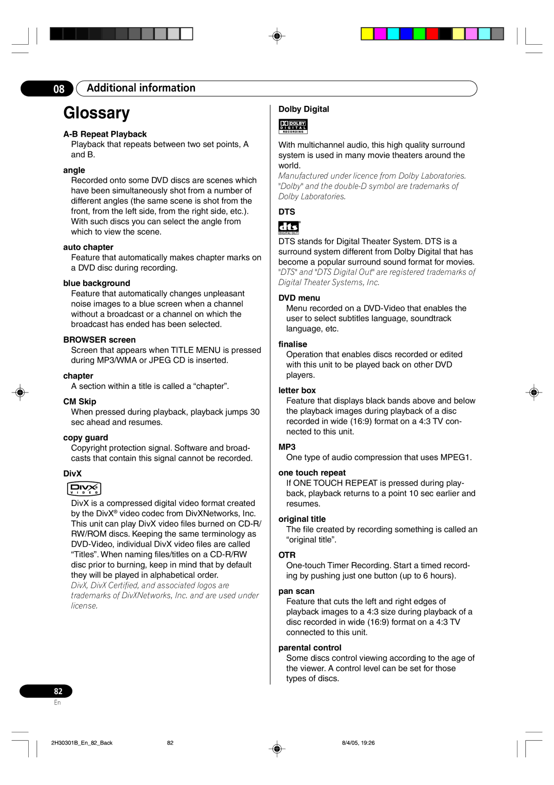 Pioneer DVR-RT501-S operating instructions Glossary, Additional information, Dts, MP3, Otr 