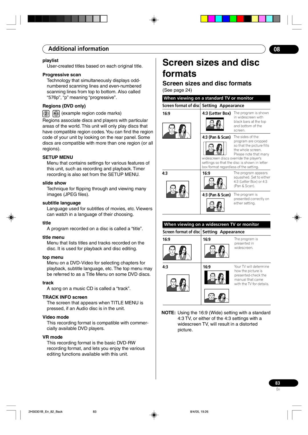 Pioneer DVR-RT501-S operating instructions Screen sizes and disc formats, Setup Menu 