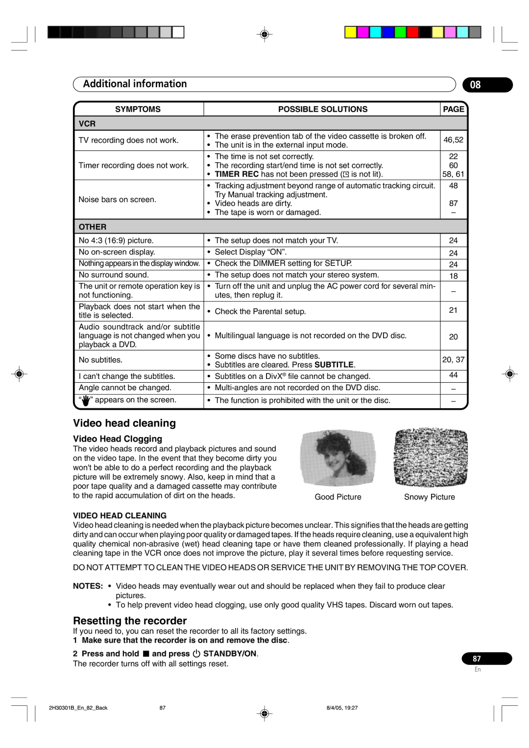 Pioneer DVR-RT501-S operating instructions Video head cleaning, Resetting the recorder, Video Head Clogging 