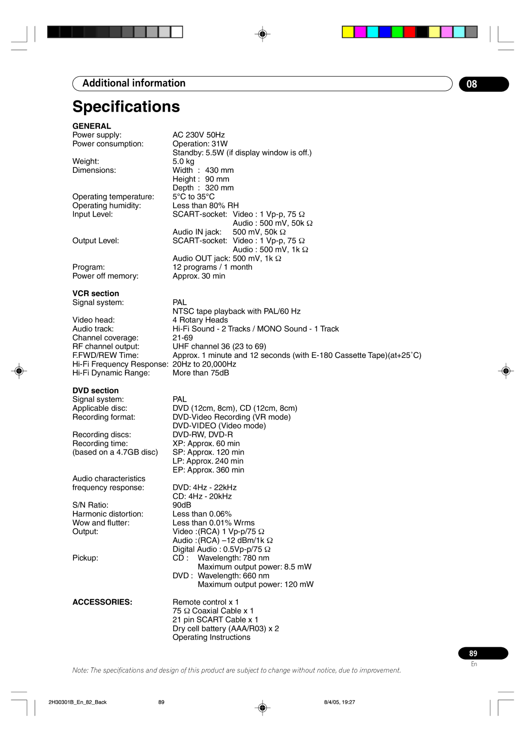 Pioneer DVR-RT501-S operating instructions Specifications, General, VCR section, DVD section, Accessories 