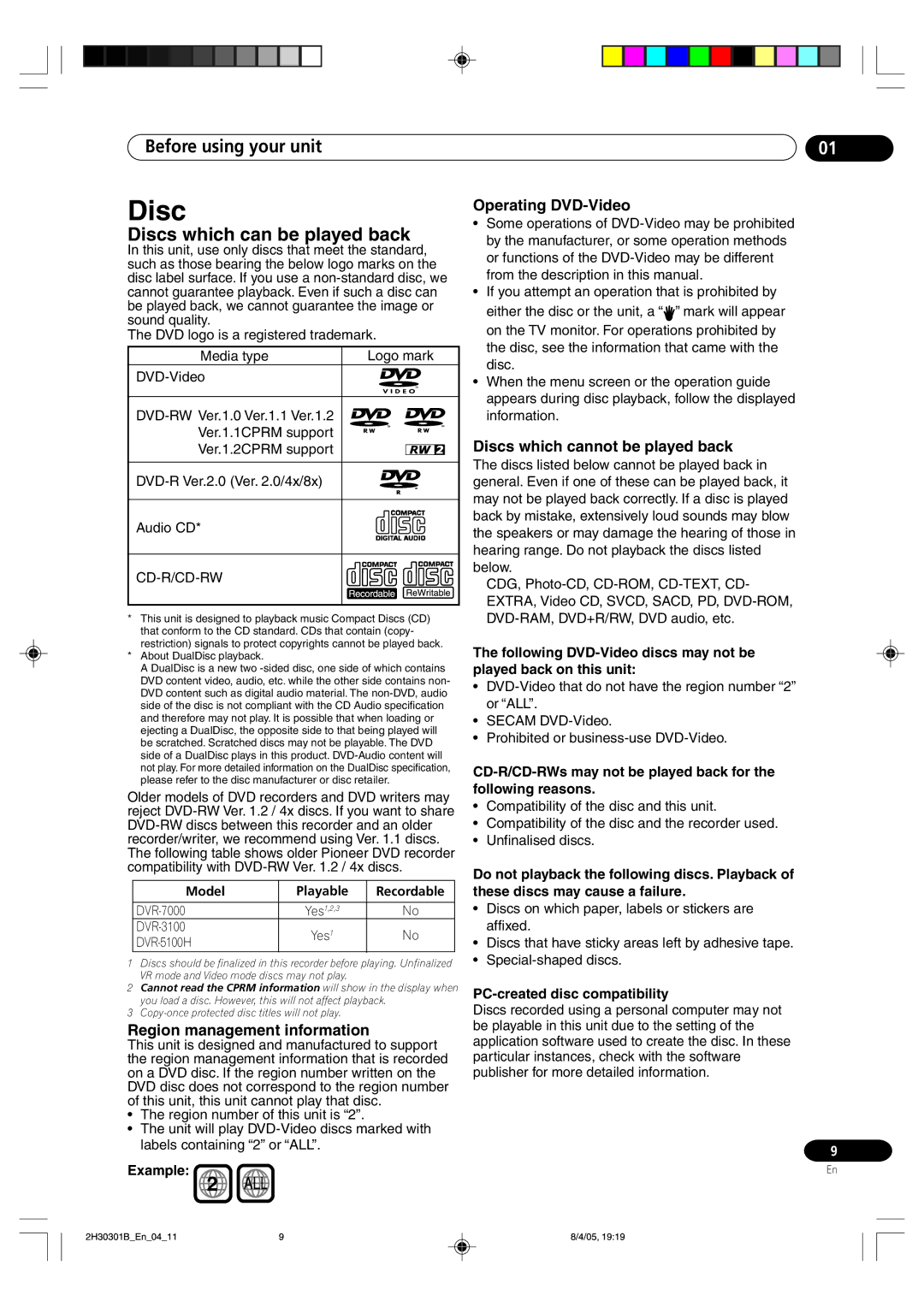 Pioneer DVR-RT501-S Discs which can be played back, Region management information, Operating DVD-Video 