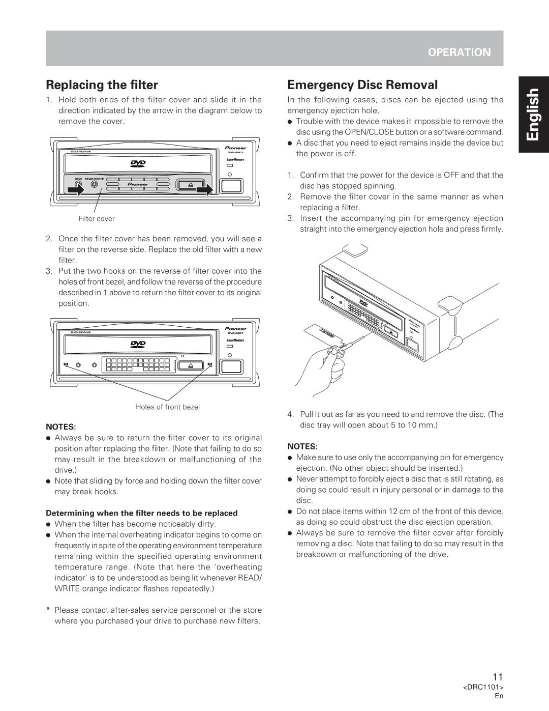 Pioneer DVR-S201 manual Replacing the filter, Emergency Disc Removal, When the filter has become noticeably dirty 