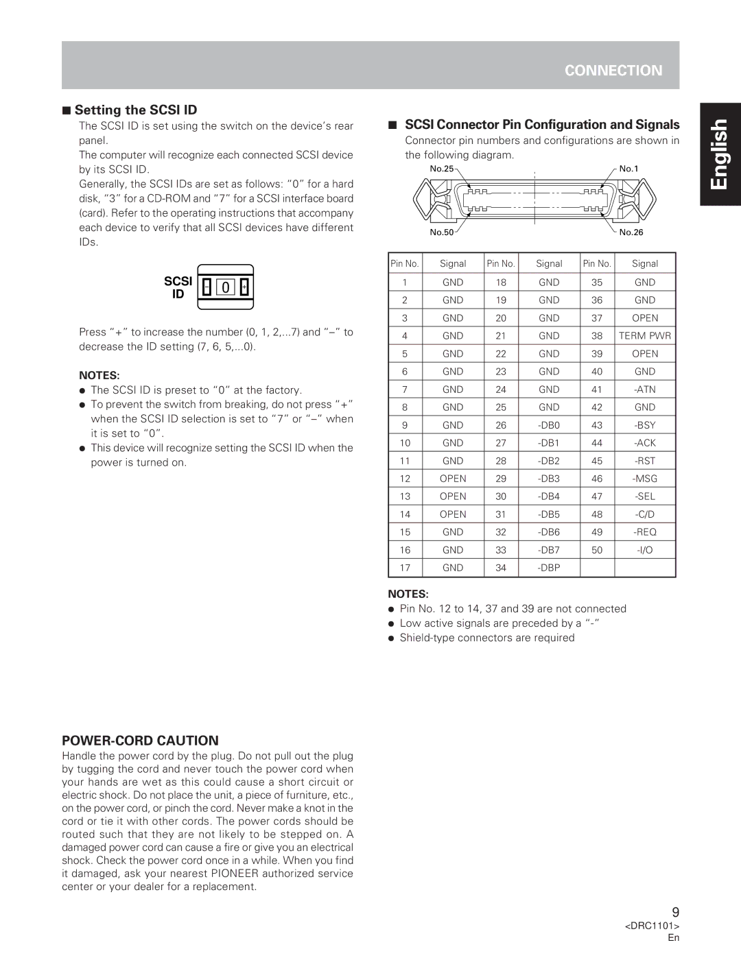 Pioneer DVR-S201 manual Setting the Scsi ID, Scsi Connector Pin Configuration and Signals 