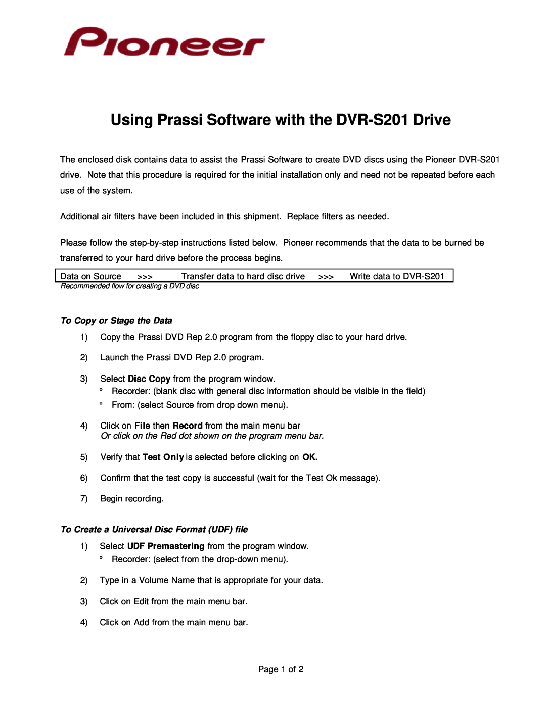 Pioneer manual Product Information Bulletin, Introduction, Page 1 of, DVR-S201 - Using Prassi Software, Bulletin # 