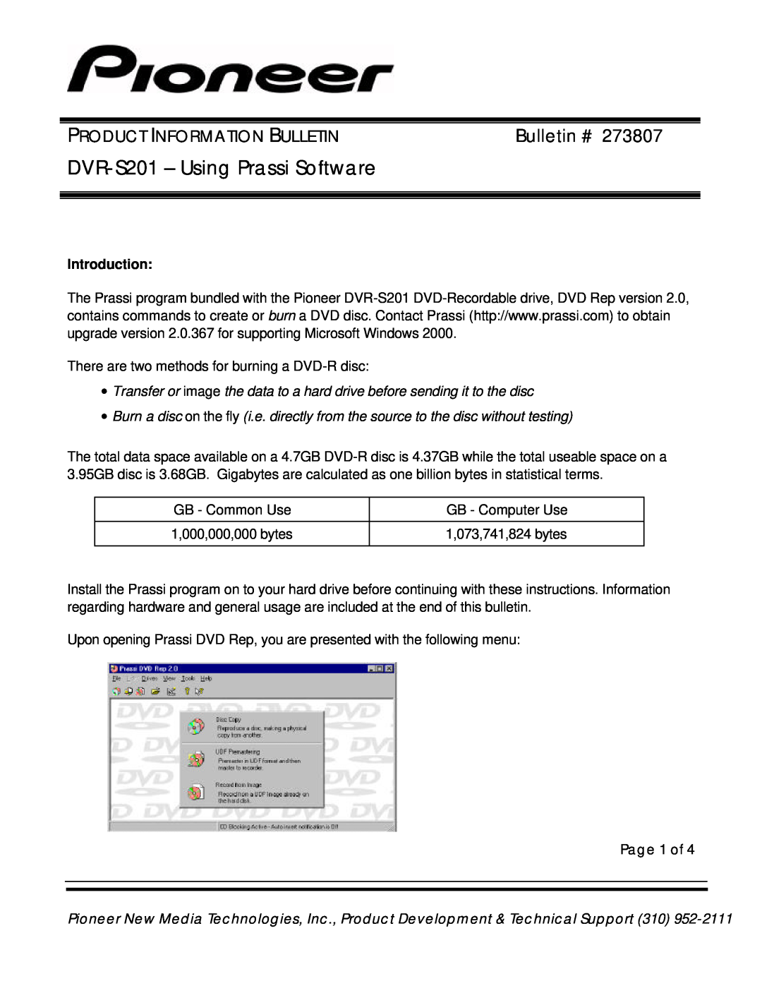 Pioneer manual Product Information Bulletin, Introduction, Page 1 of, DVR-S201 - Using Prassi Software, Bulletin # 