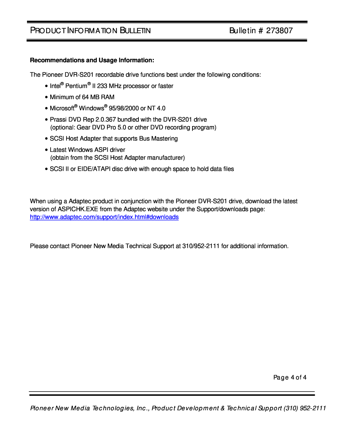 Pioneer DVR-S201 manual Recommendations and Usage Information, Page 4 of, Bulletin #, Product Information Bulletin 