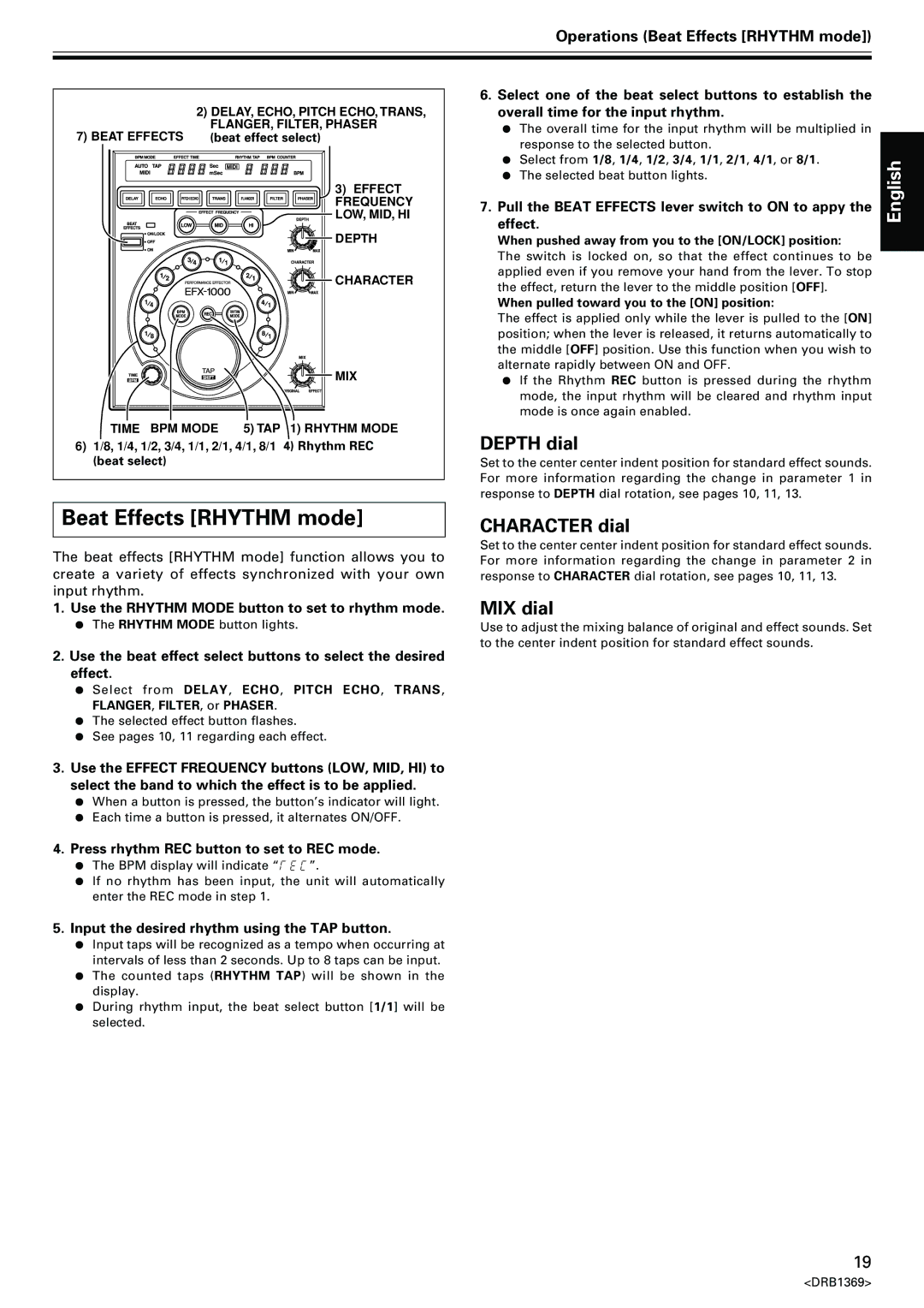 Pioneer EFX-1000 manual Operations Beat Effects Rhythm mode, Use the Rhythm Mode button to set to rhythm mode 