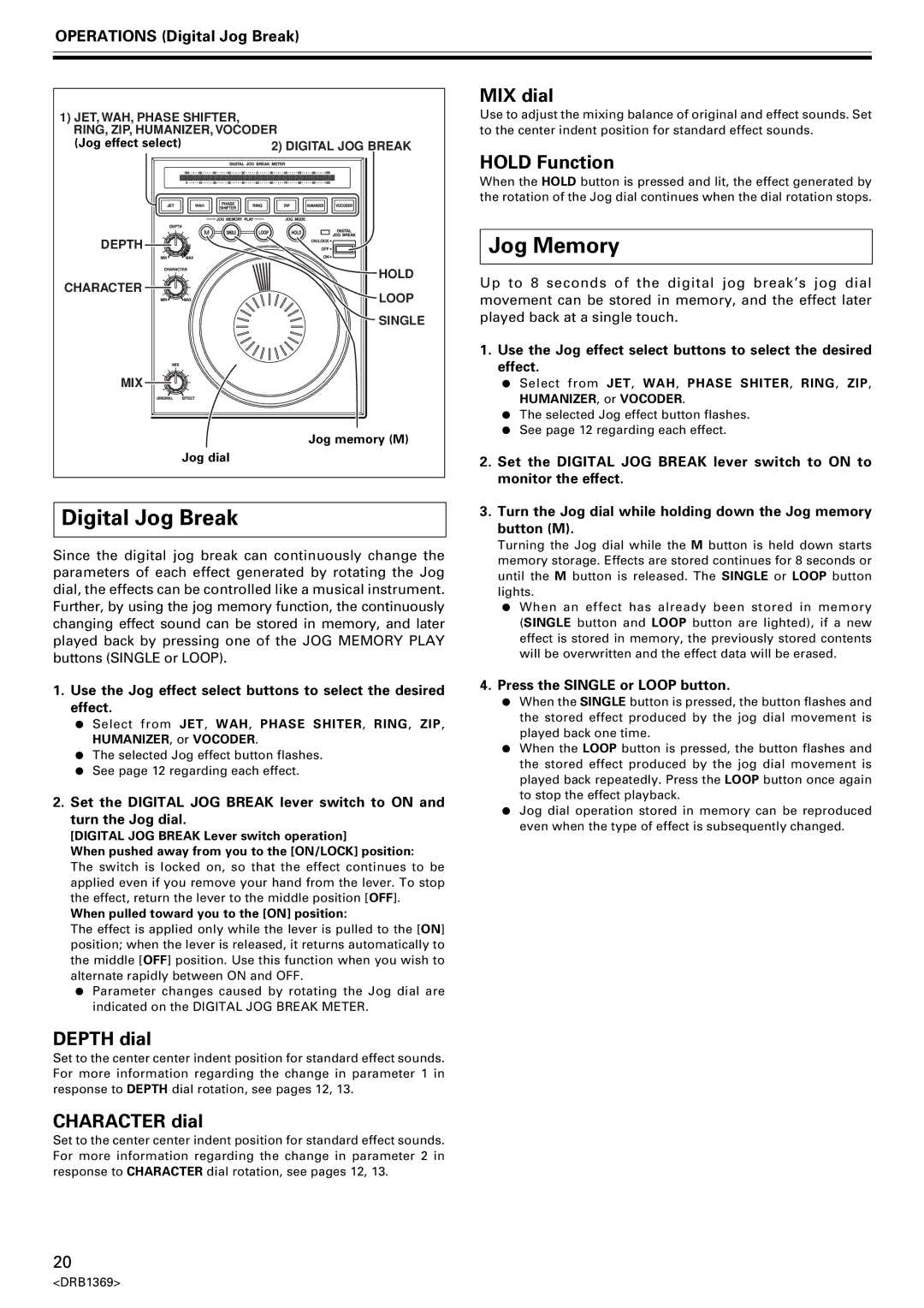 Pioneer EFX-1000 manual Jog Memory, Hold Function, Operations Digital Jog Break, Press the Single or Loop button 