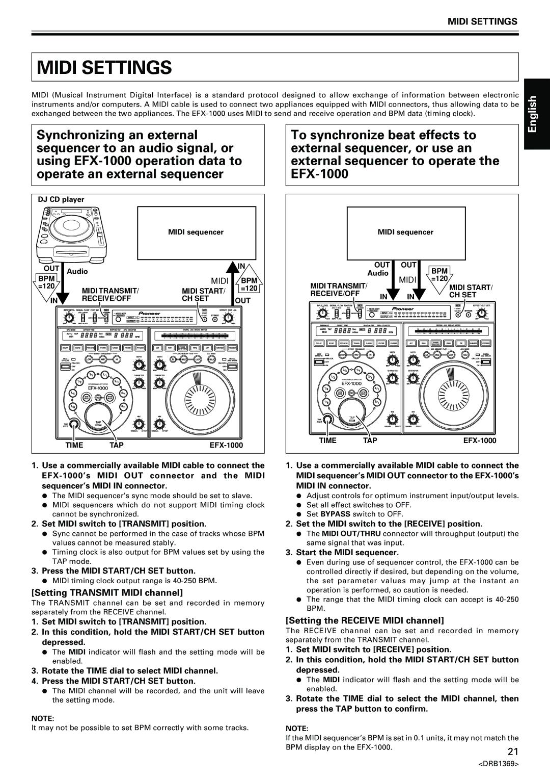 Pioneer EFX-1000 manual Midi Settings, Setting Transmit Midi channel, Setting the Receive Midi channel 