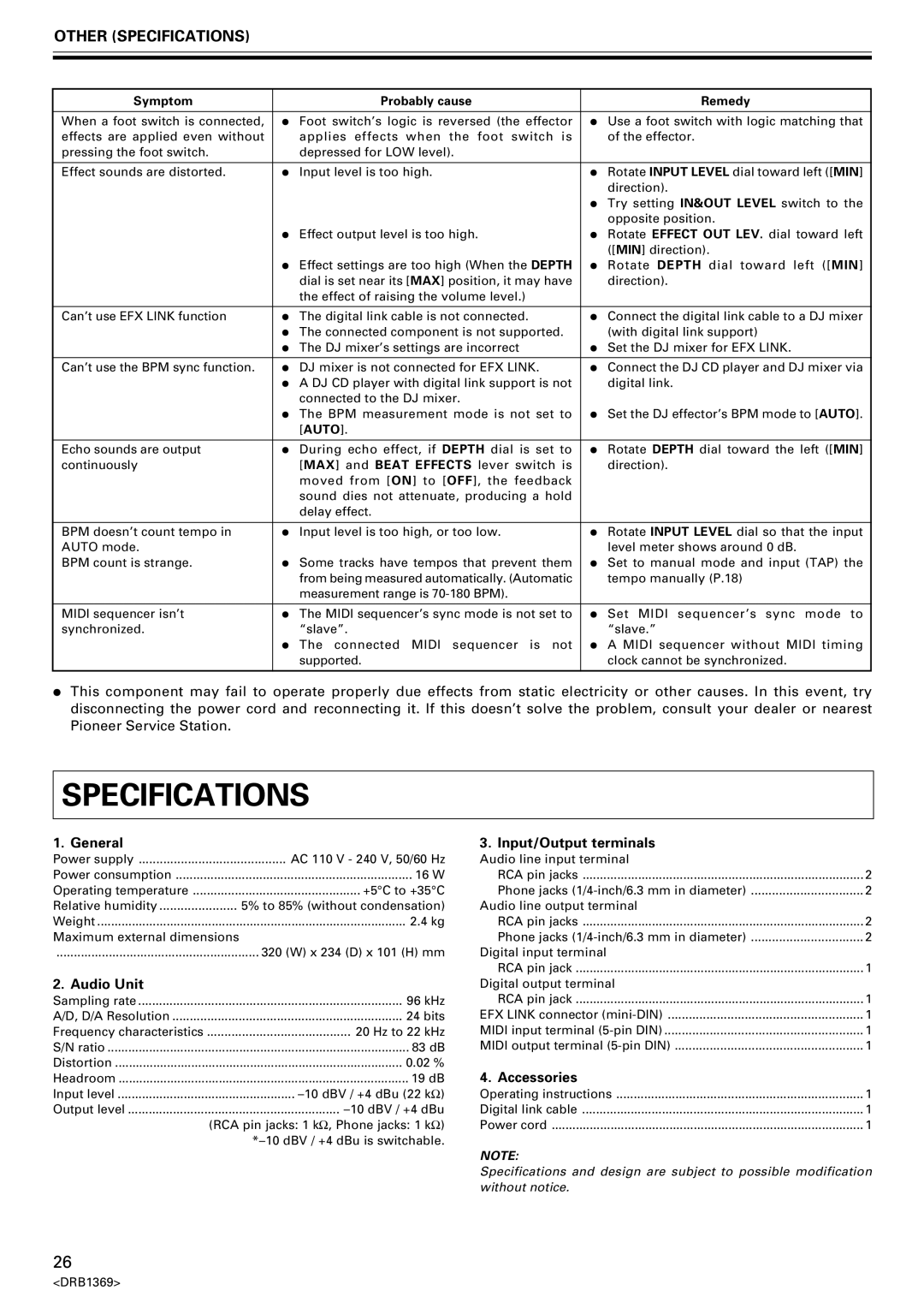 Pioneer EFX-1000 manual Other Specifications 