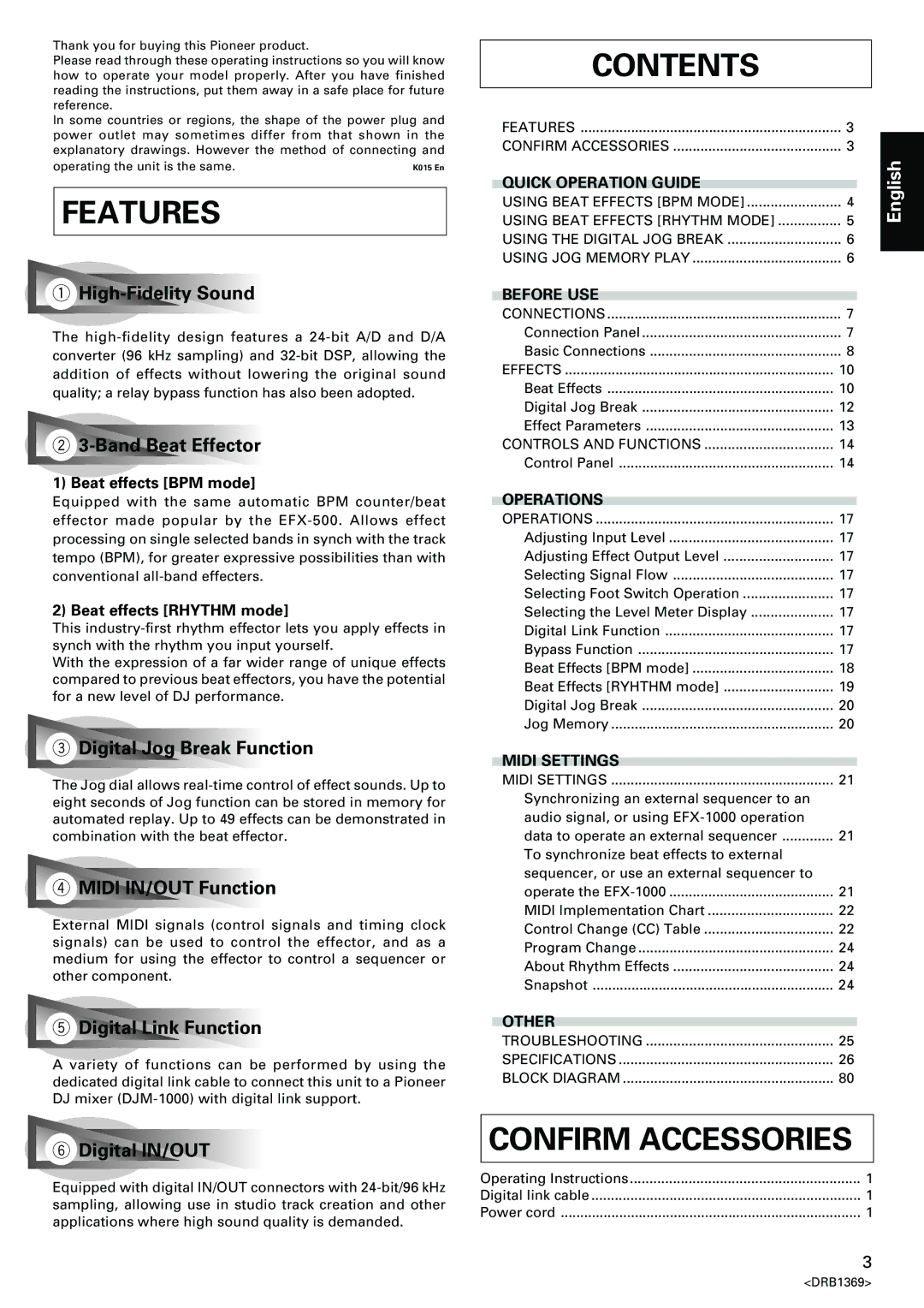 Pioneer EFX-1000 manual Features, Contents, Confirm Accessories 