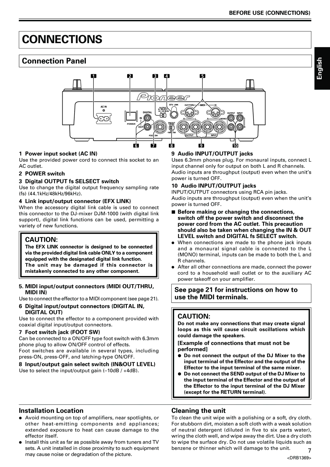 Pioneer EFX-1000 manual Connections, Connection Panel, Installation Location, Cleaning the unit 