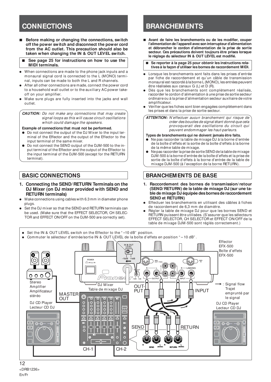 Pioneer Efx-500 operating instructions Connectionsbranchements, Basic Connections, Branchements DE Base, Send et Return 