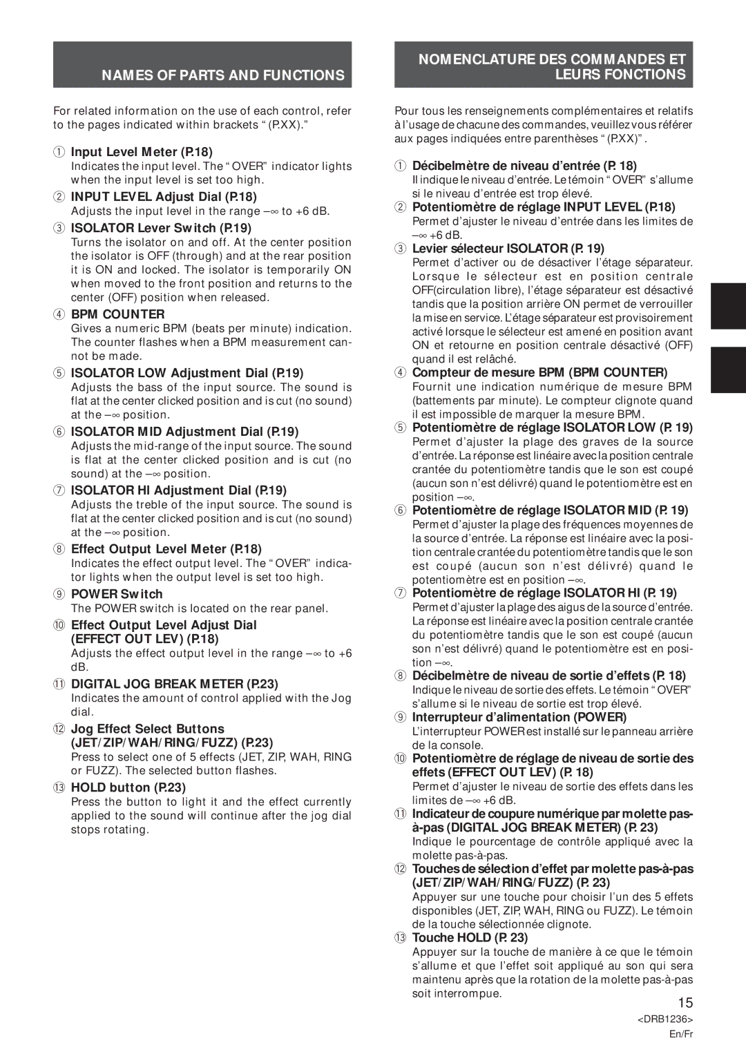 Pioneer Efx-500 operating instructions Names of Parts and Functions, Effect OUT LEV P.18, Digital JOG Break Meter P.23 