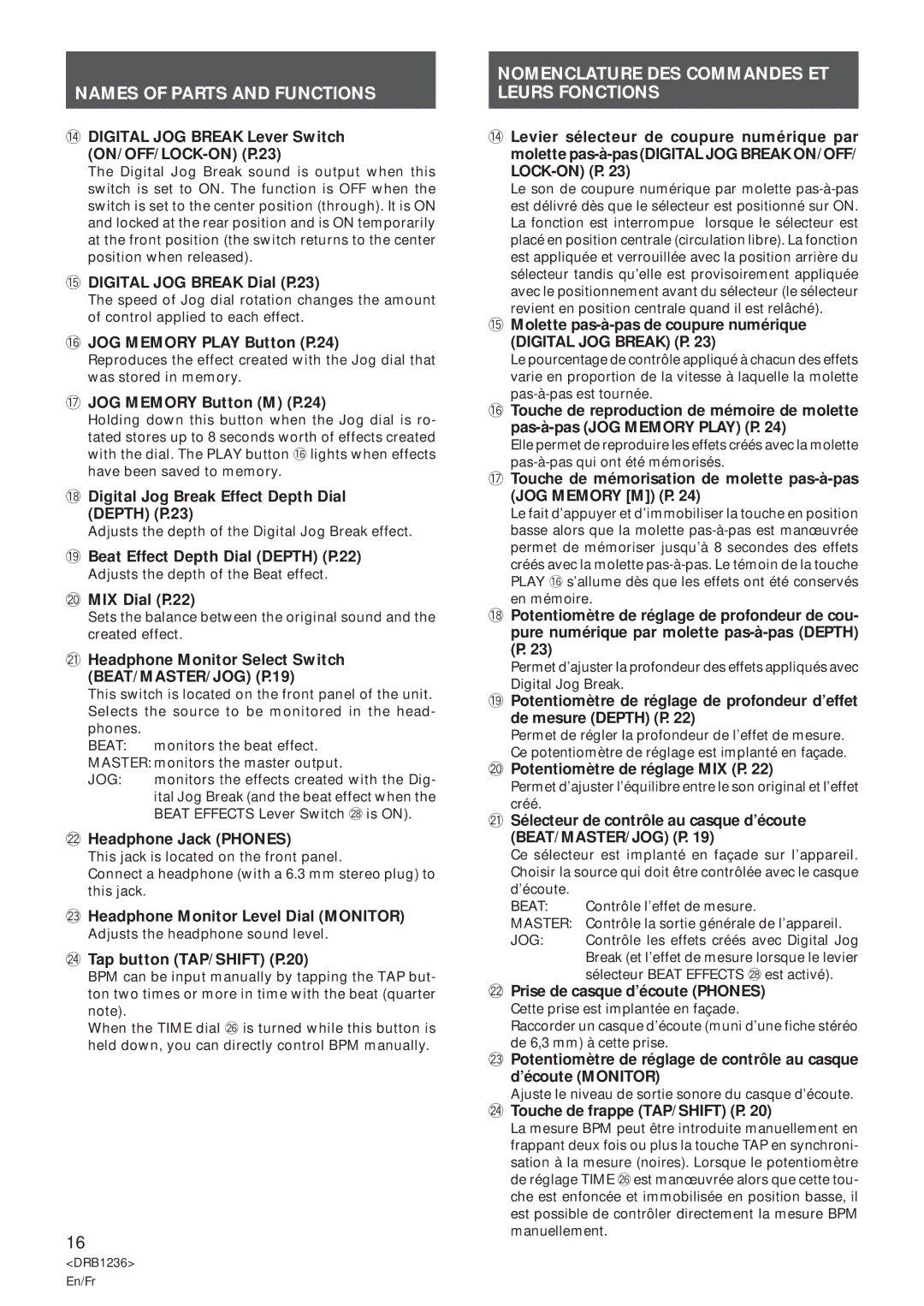 Pioneer Efx-500 operating instructions Nomenclature DES Commandes ET Leurs Fonctions 