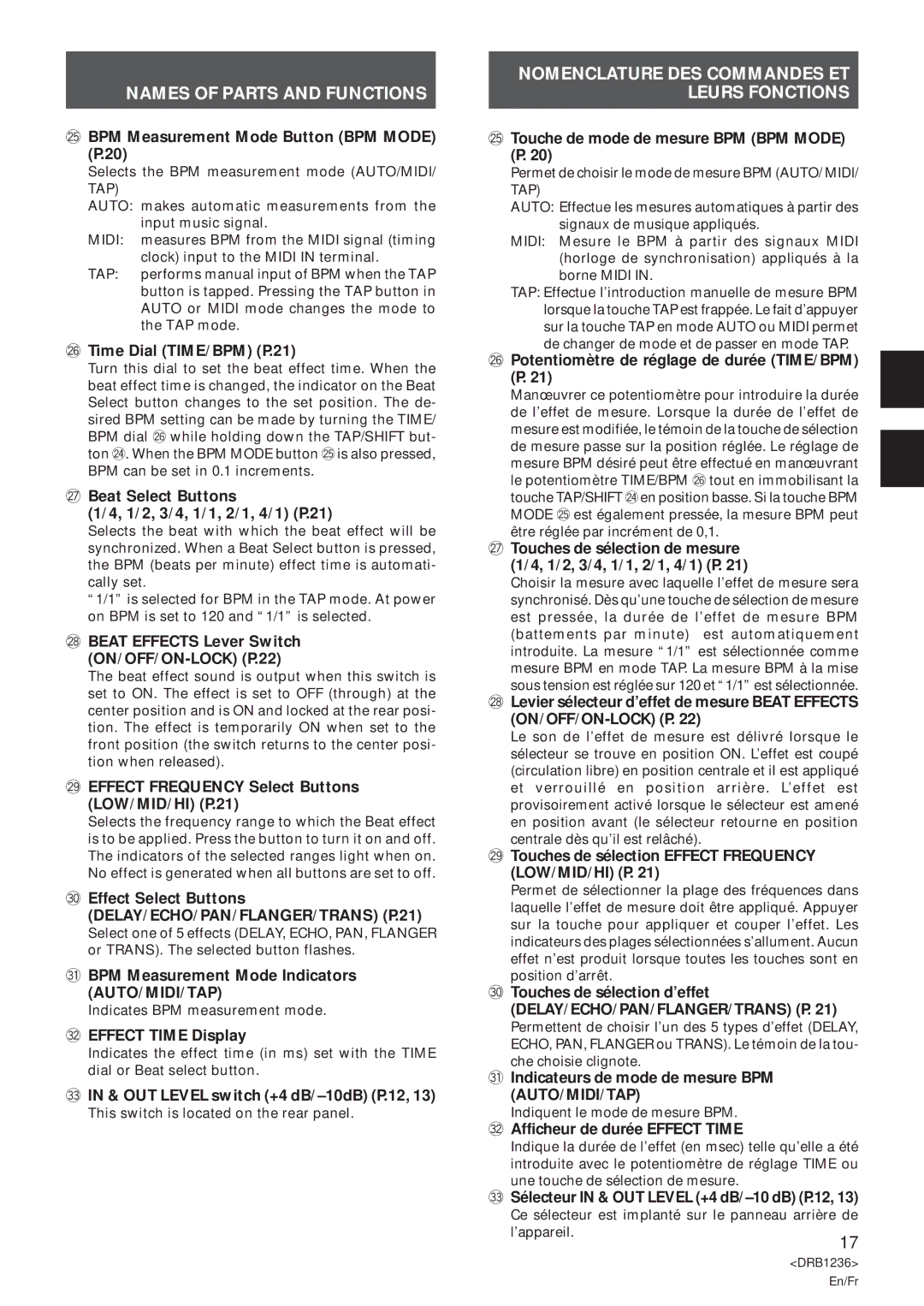 Pioneer Efx-500 + BPM Measurement Mode Button BPM Mode P.20, Time Dial TIME/BPM P.21, Afficheur de durée Effect Time 