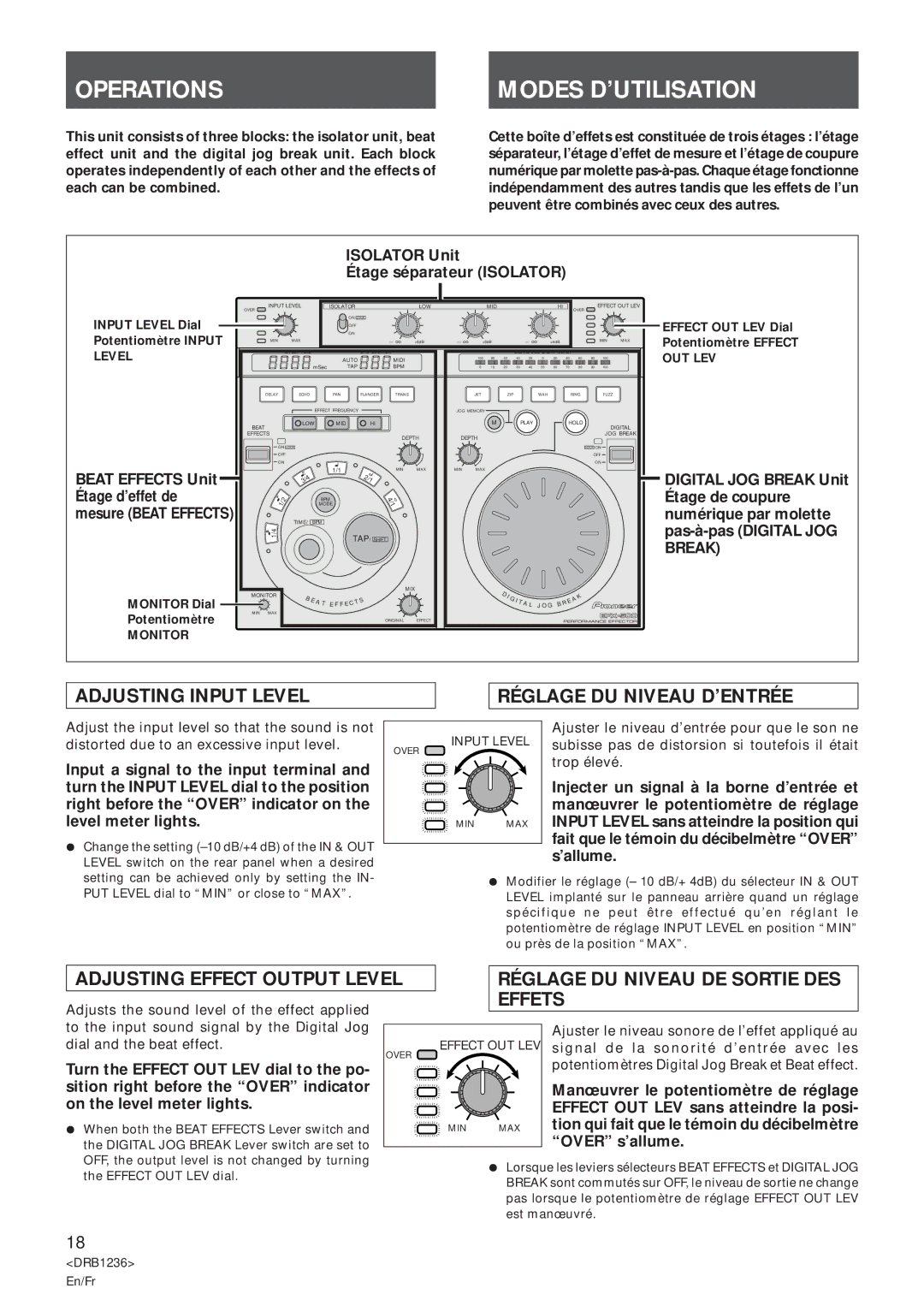 Pioneer Efx-500 Operations, Modes D’UTILISATION, Adjusting Input Level Réglage DU Niveau D’ENTRÉE, Effets 