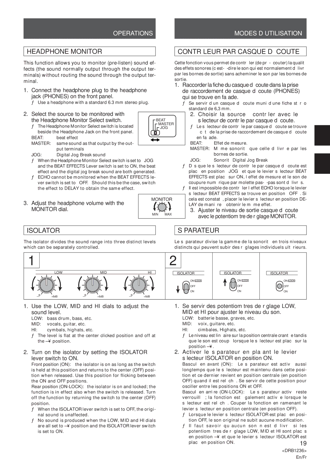 Pioneer Efx-500 operating instructions Headphone Monitor, Contrôleur PAR Casque D’ÉCOUTE, Isolator, Séparateur 