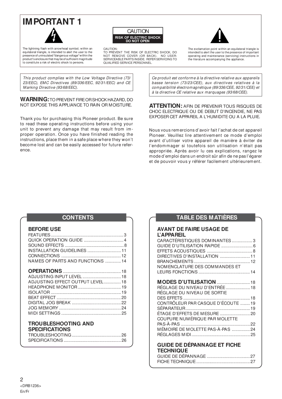 Pioneer Efx-500 operating instructions Contents, Table DES Matières 