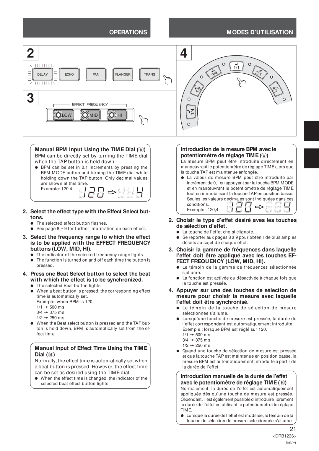 Pioneer Efx-500 operating instructions Operations Modes D’UTILISATION, Manual BPM Input Using the Time Dial B 