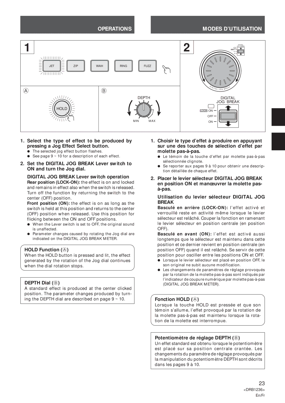 Pioneer Efx-500 operating instructions Hold Function a, Depth Dial B, Fonction Hold a, Potentiomètre de réglage Depth B 