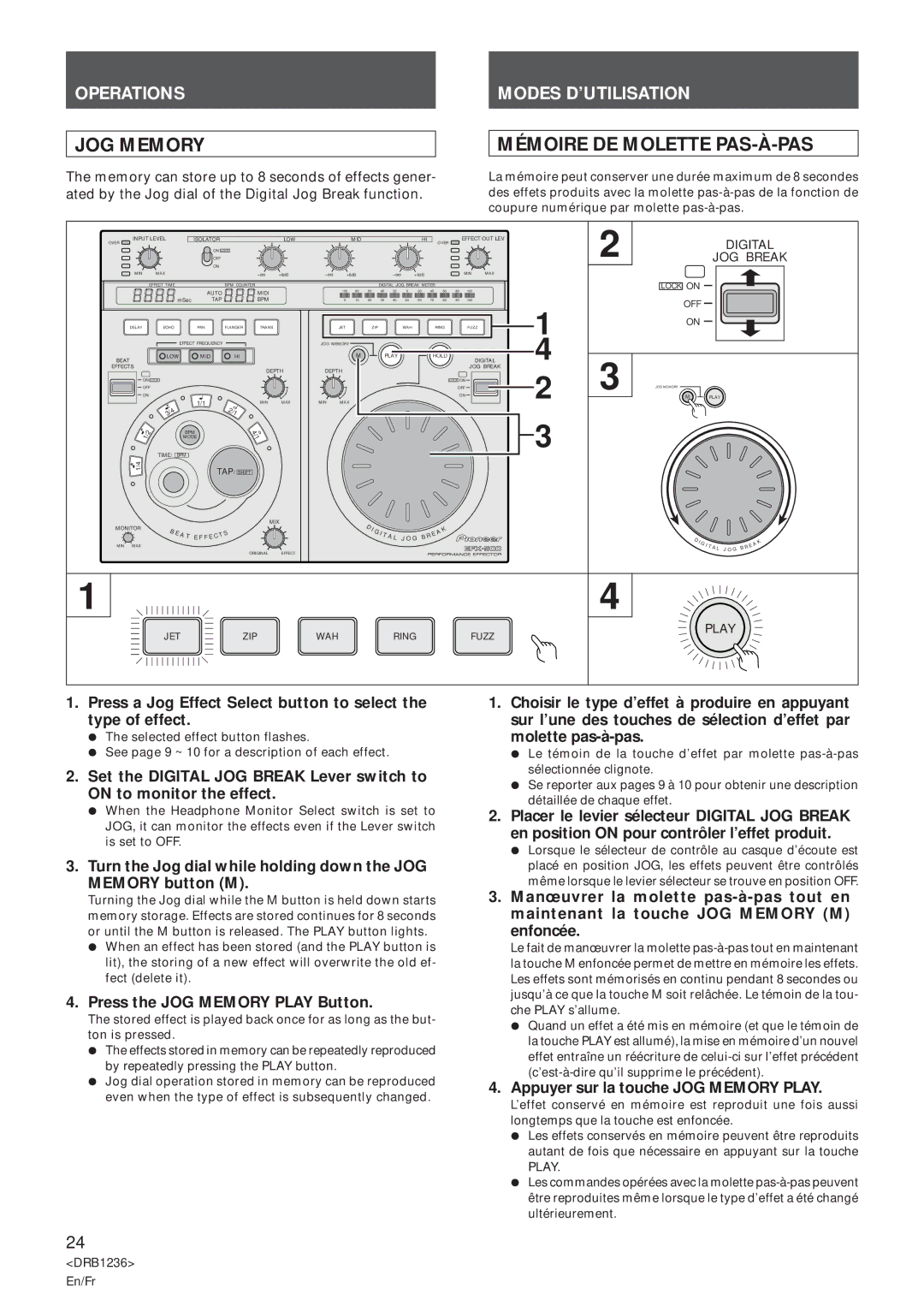 Pioneer Efx-500 Mémoire DE Molette PAS-À-PAS, Press the JOG Memory Play Button, Appuyer sur la touche JOG Memory Play 