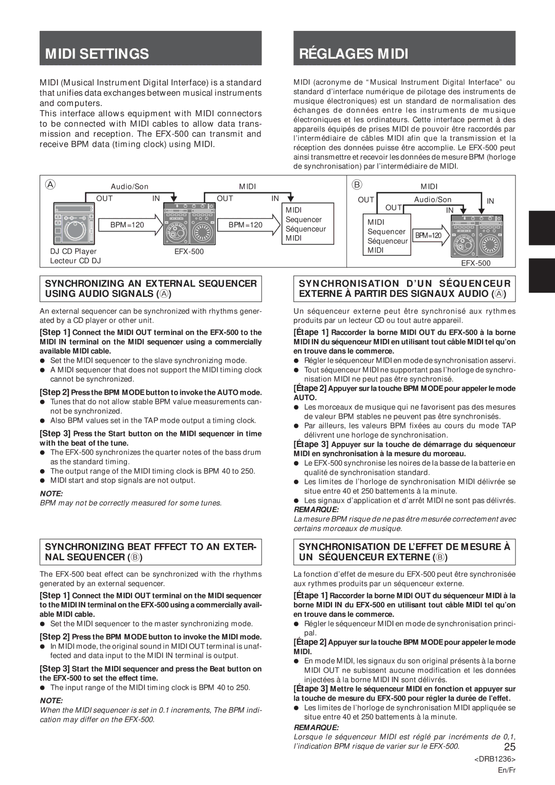 Pioneer Efx-500 Midi Settings Réglages Midi, Synchronizing AN External Sequencer Using Audio Signals a 