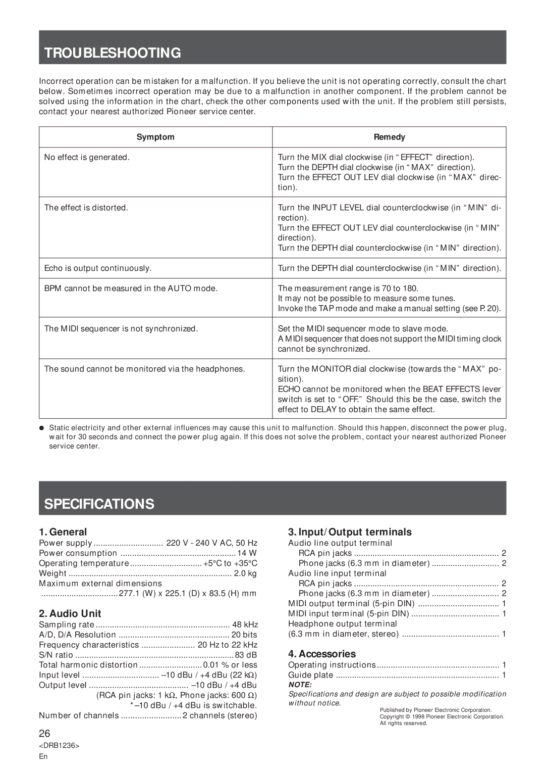 Pioneer Efx-500 operating instructions Troubleshooting, Specifications 