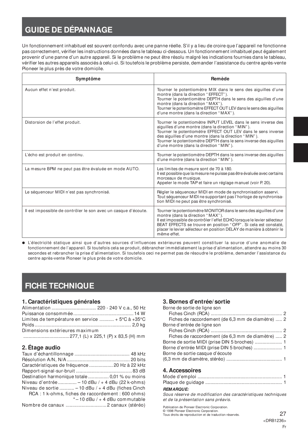 Pioneer Efx-500 operating instructions Guide DE Dépannage, Fiche Technique 