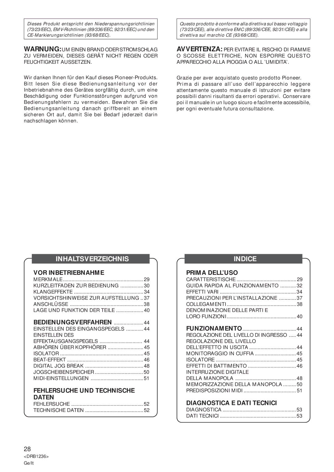 Pioneer Efx-500 operating instructions Inhaltsverzeichnis, Indice 