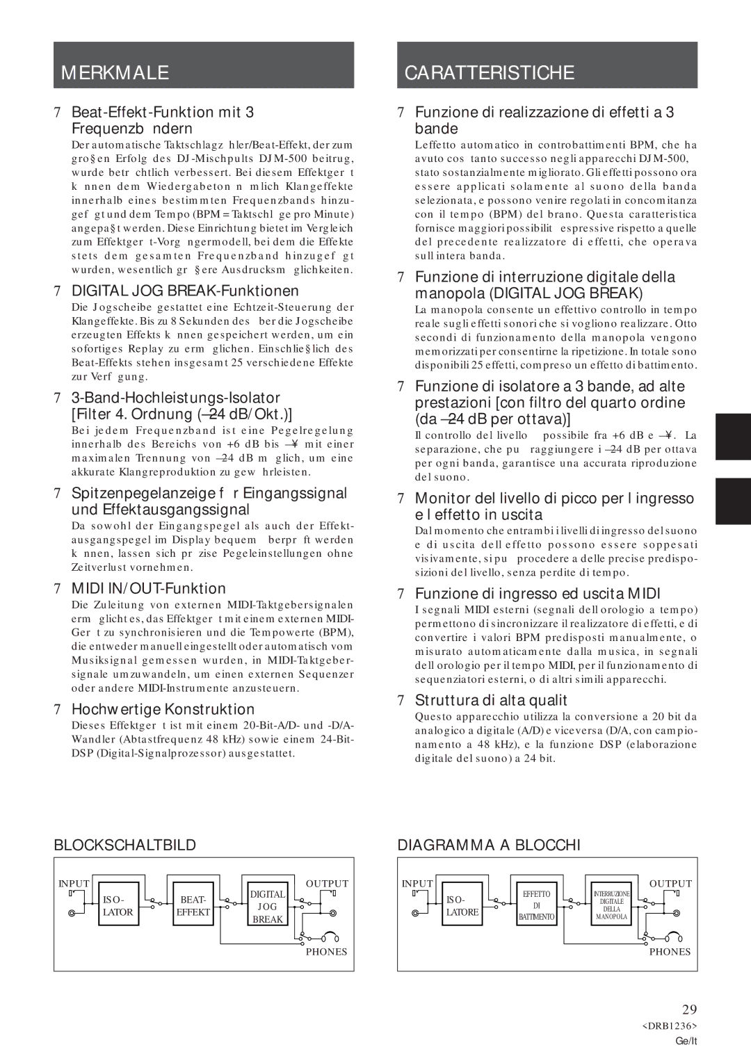 Pioneer Efx-500 operating instructions Merkmale, Caratteristiche, Blockschaltbild, Diagramma a Blocchi 