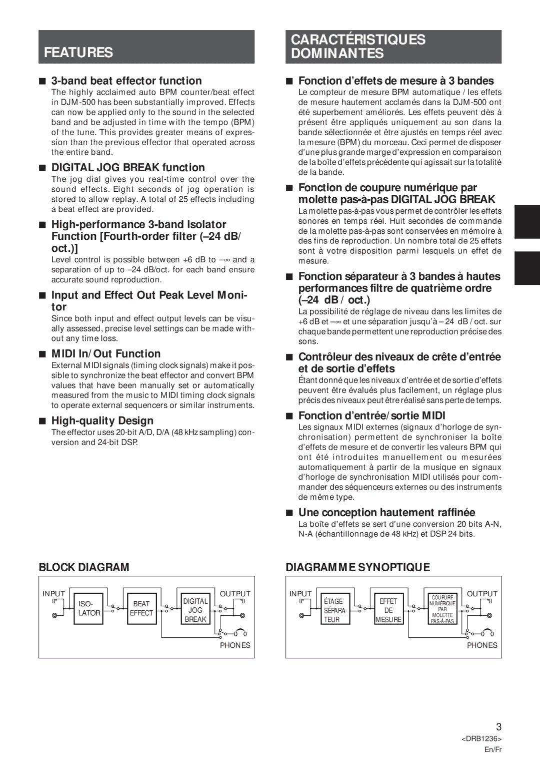 Pioneer Efx-500 operating instructions Features, Caractéristiques Dominantes, Block Diagram, Diagramme Synoptique 