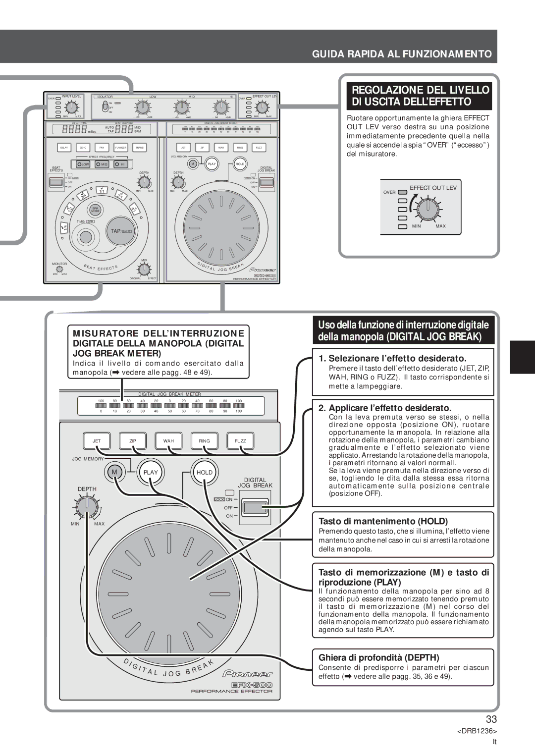 Pioneer Efx-500 operating instructions Guida Rapida AL Funzionamento, Regolazione DEL Livello DI Uscita DELL’EFFETTO 