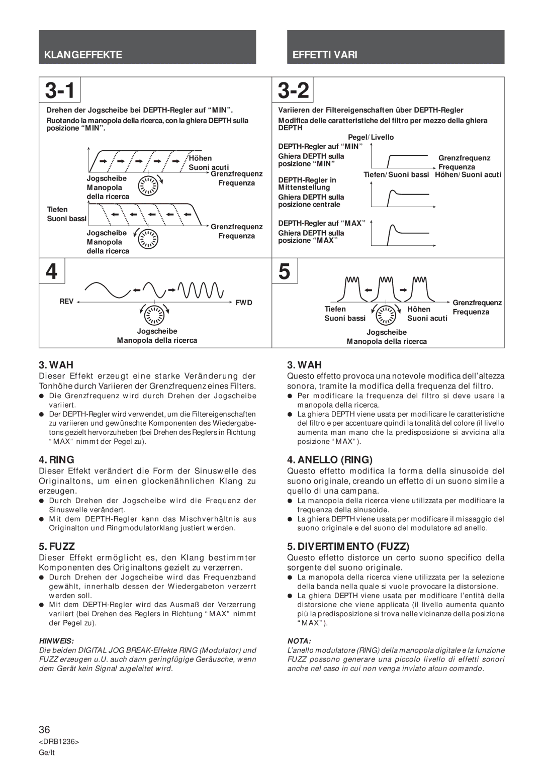 Pioneer Efx-500 operating instructions Klangeffekte Effetti Vari, Anello Ring, Divertimento Fuzz 