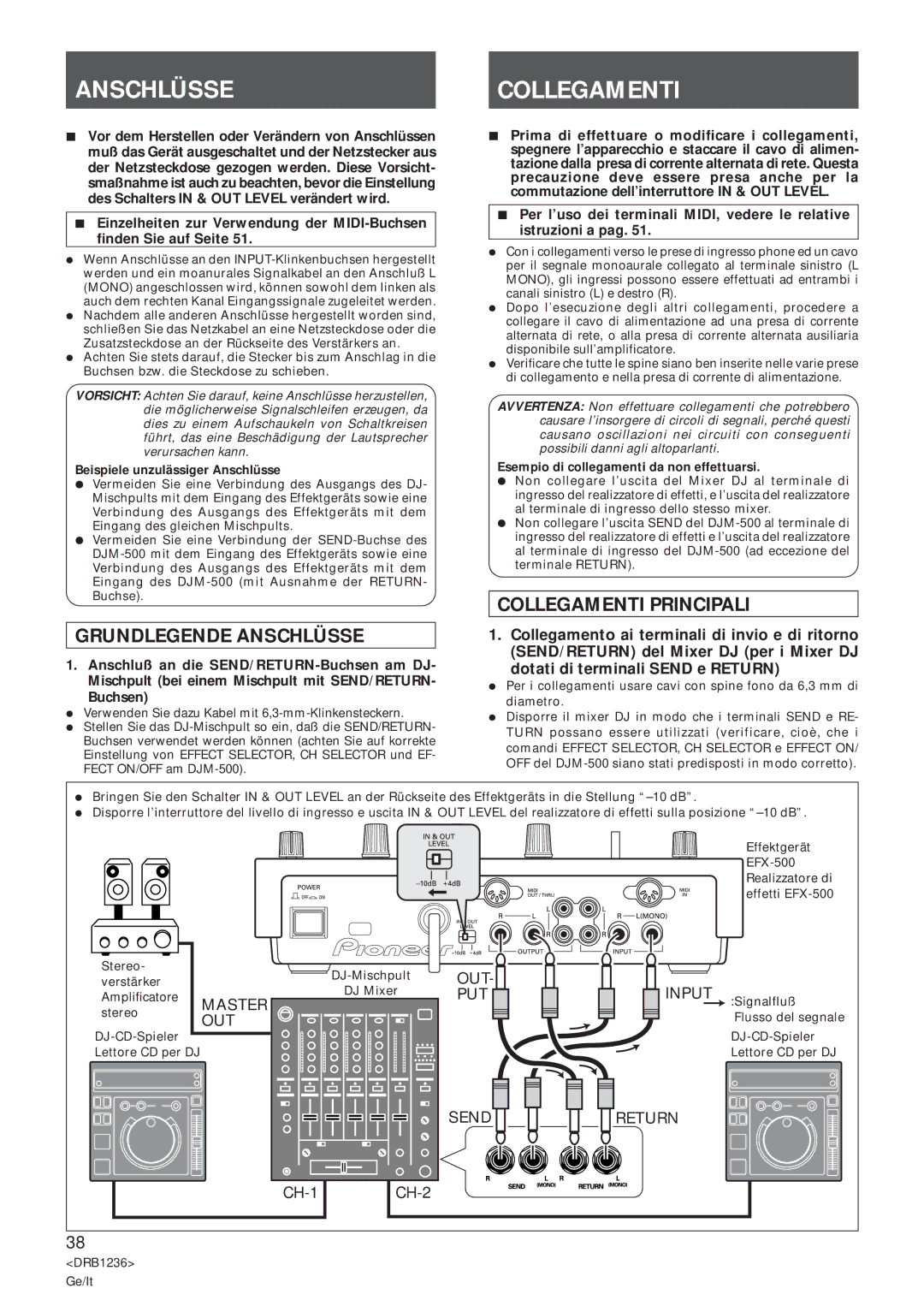 Pioneer Efx-500 operating instructions Anschlüssecollegamenti, Grundlegende Anschlüsse, Collegamenti Principali 