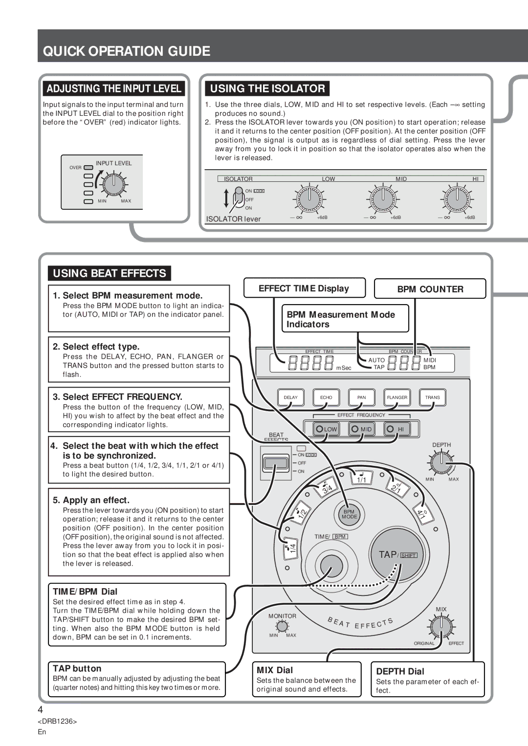 Pioneer Efx-500 Quick Operation Guide, Using the Isolator, Using Beat Effects, Adjusting the Input Level, BPM Counter 
