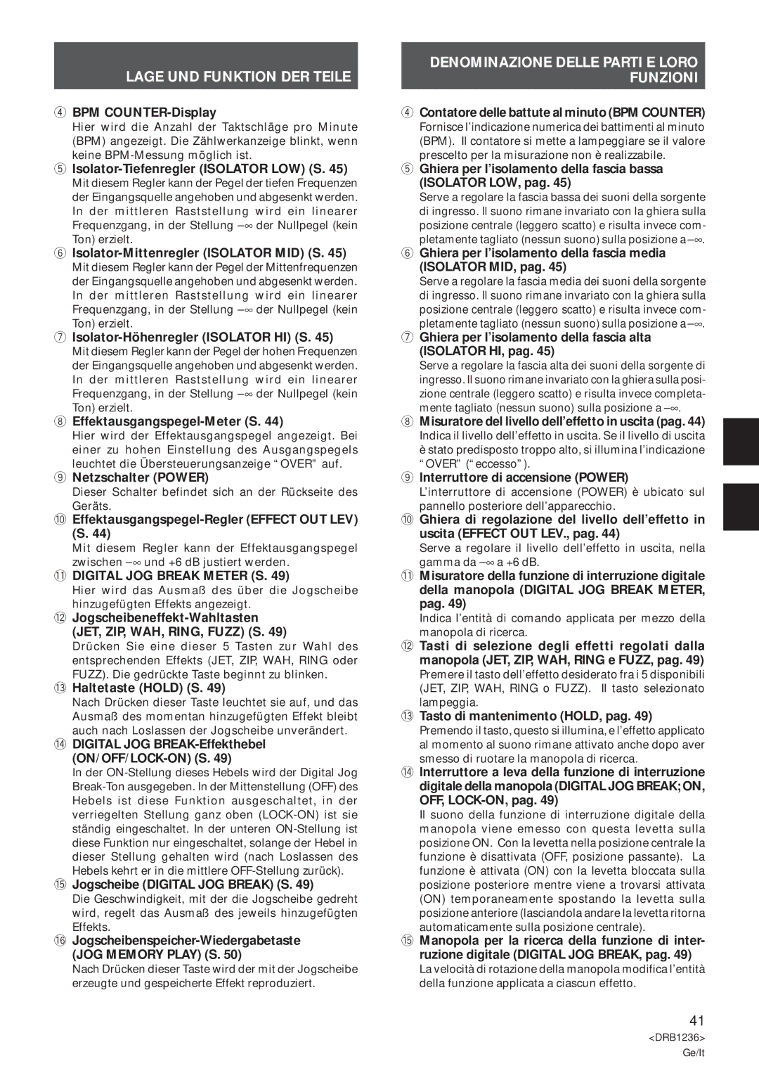 Pioneer Efx-500 operating instructions Lage UND Funktion DER Teile, Digital JOG Break Meter S 