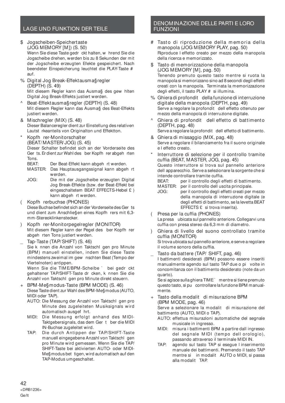 Pioneer Efx-500 operating instructions Denominazione Delle Parti E Loro Funzioni 
