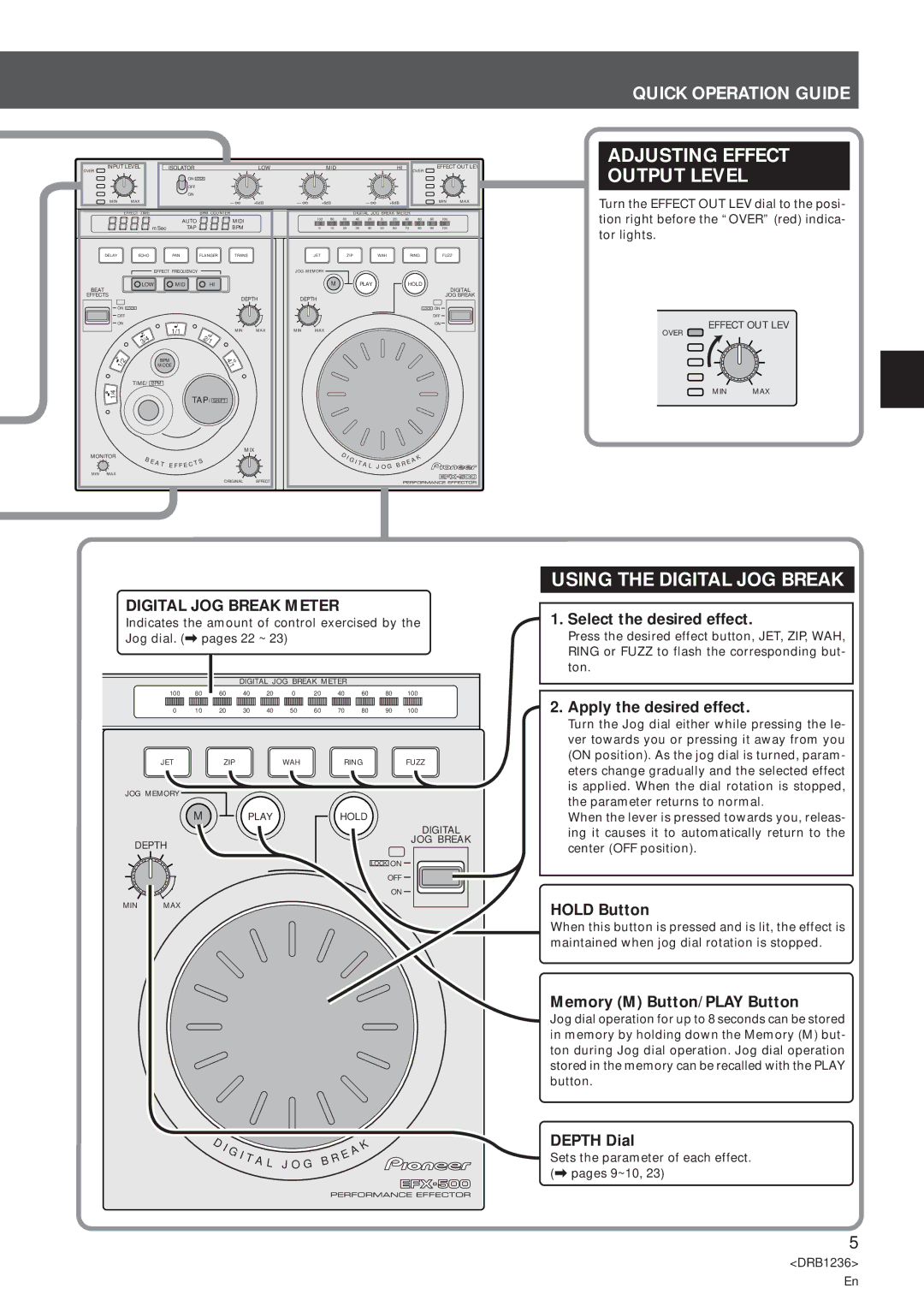 Pioneer Efx-500 Adjusting Effect Output Level, Using the Digital JOG Break, Quick Operation Guide, Digital JOG Break Meter 