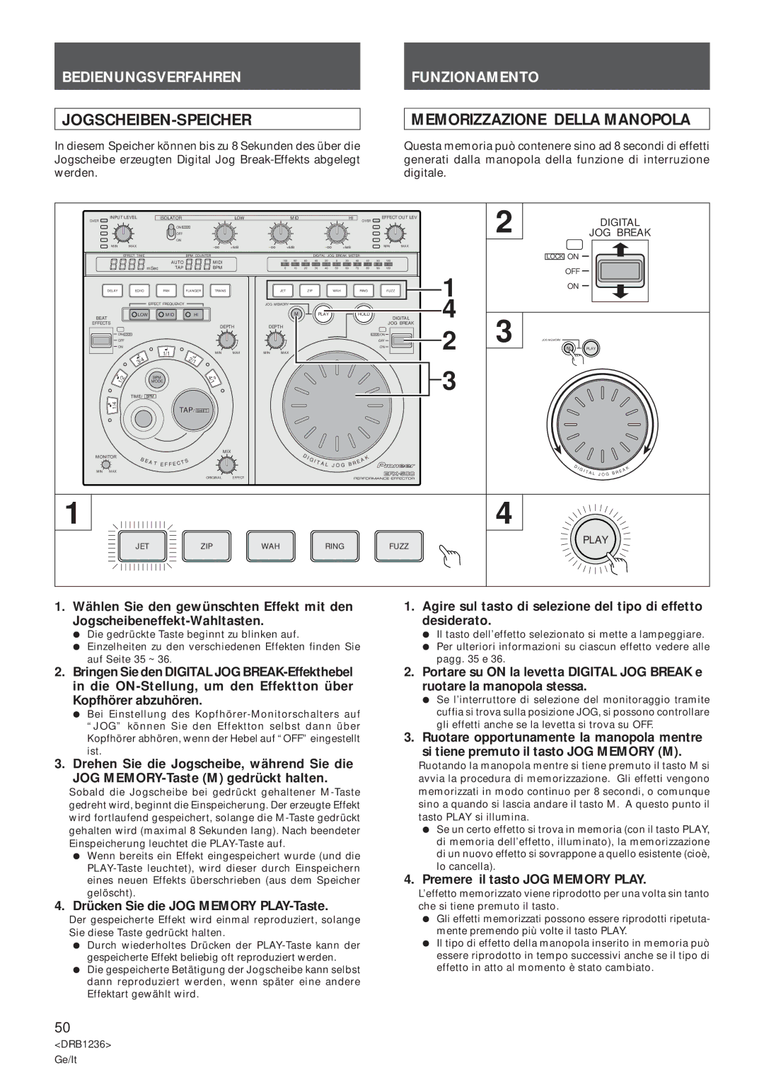 Pioneer Efx-500 Jogscheiben-Speicher, Memorizzazione Della Manopola, Drücken Sie die JOG Memory PLAY-Taste 