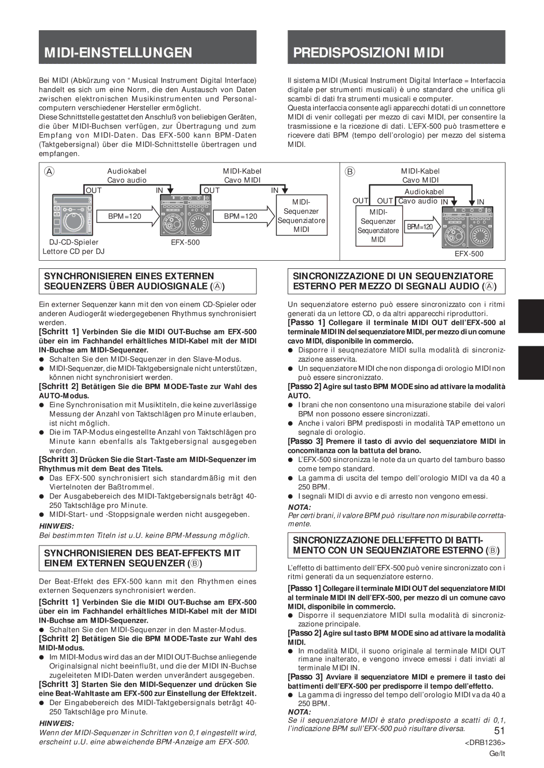 Pioneer Efx-500 operating instructions MIDI-EINSTELLUNGEN Predisposizioni Midi 