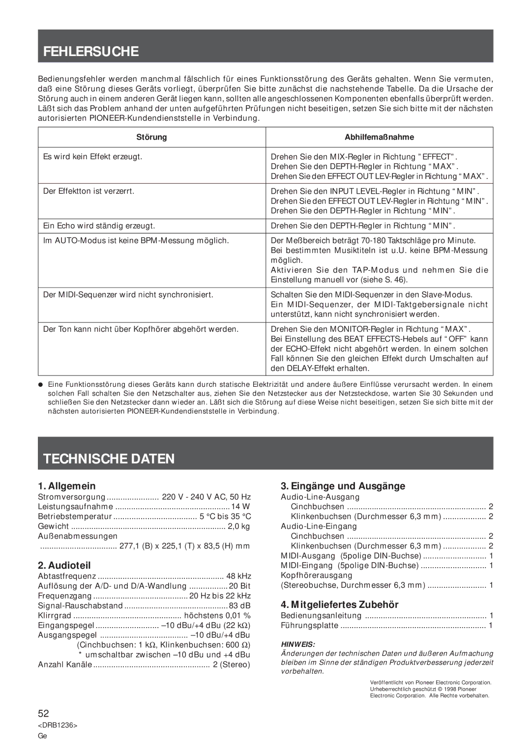Pioneer Efx-500 operating instructions Fehlersuche, Technische Daten 