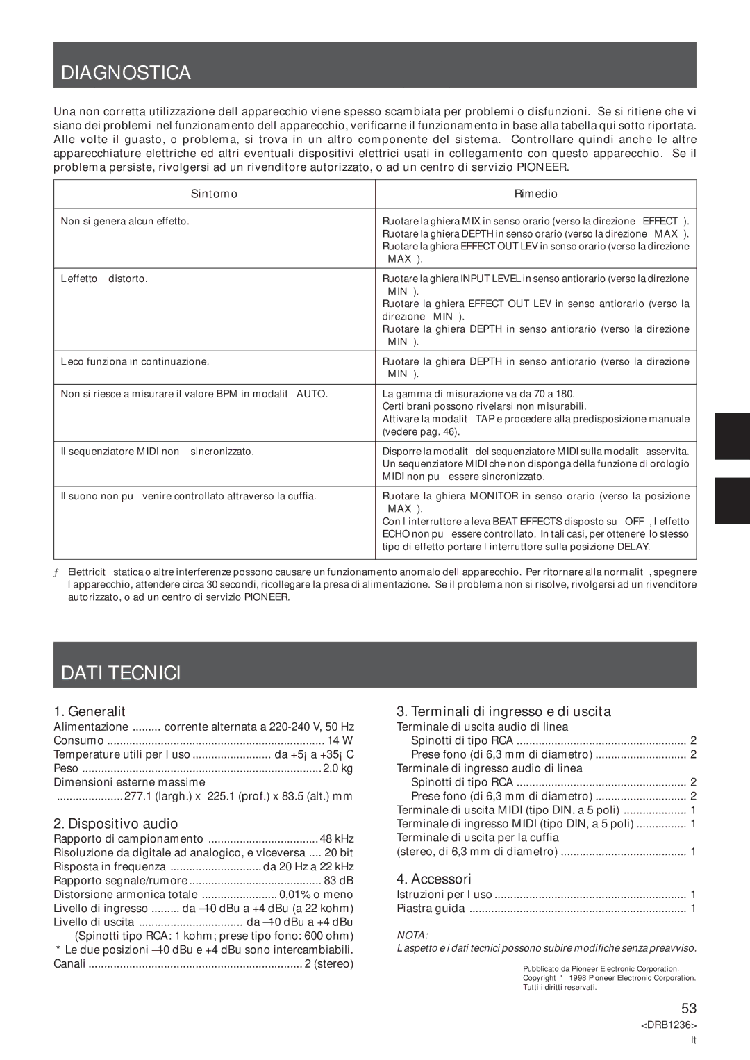 Pioneer Efx-500 operating instructions Diagnostica, Dati Tecnici 
