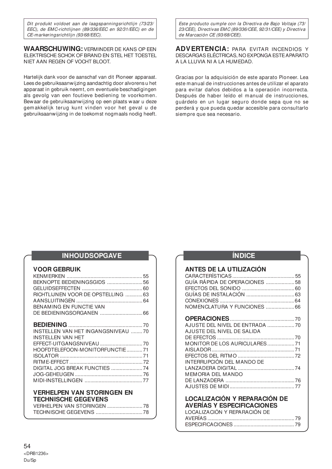 Pioneer Efx-500 operating instructions Inhoudsopgave, Índice 